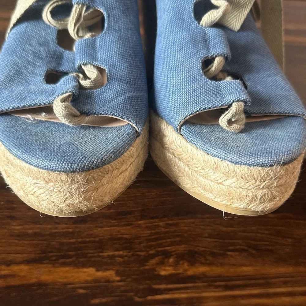 Castaner Blue Canvas Espadrille Wedge Sandals with Ankle Wrap